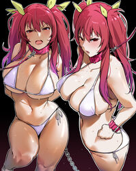  arms_behind_back bakkanki bikini breasts chains cleavage clenched_hand collar female glaring groin large_breasts leash long_hair multiple_views navel open_mouth rakudai_kishi_no_cavalry red_collar red_eyes sideboob sidelocks skindentation stella_vermillion stomach sweat swimsuit thighs twintails underboob v-shaped_eyebrows white_bikini 