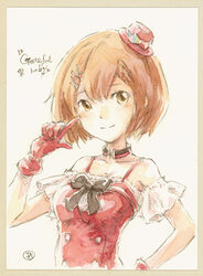  bare_shoulders black_bow bow bowtie brown_eyes brown_hair collar collarbone commentary dress epoxy_putty female finger_to_cheek frilled_dress frilled_sleeves frills gloves hand_on_own_hip hat hat_bow index_finger_raised looking_to_the_side meiko_(vocaloid) mini_hat painting_(medium) rainbow red_gloves red_hat sakine_meiko short_hair smile solo spaghetti_strap traditional_media upper_body vocaloid watercolor_(medium) white_background 