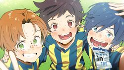  3boys absurdres alternate_universe arm_around_shoulder blue_eyes blue_hair brown_eyes brown_hair commentary_request energy_drink freckles glasses grass green_eyes hair_intakes hana_(dqkmb362) highres jelly_drink jinnai_enta kuji_toi male_focus morinaga_(brand) multiple_boys sarazanmai shirt smile soccer_uniform sportswear striped_clothes striped_shirt sweat weider_in_jelly yasaka_kazuki 