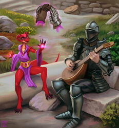  2021 4_toes anthro armor barefoot claws clothing day detailed_background digital_media_(artwork) digital_painting_(artwork) duo ethrk feet female gauntlets gloves handwear headgear helmet hi_res horn human knight kobold larger_male lute magic magic_user male mammal mandolin musical_instrument open_mouth outside plate_armor playing_music plucked_string_instrument red_body scalie signature sitting size_difference smaller_female smile string_instrument toe_claws toes warrior 