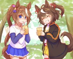  2girls ^_^ ahoge animal_ears bendy_straw black_jacket blue_eyes blue_shirt blue_skirt blush brown_hair closed_eyes closed_mouth collarbone commentary_request cup day disposable_cup drinking_straw grin hair_ribbon highres holding holding_cup horse_ears horse_girl horse_tail jacket kitasan_black_(umamusume) layered_sleeves long_hair long_sleeves multicolored_hair multiple_girls ooba_jun open_clothes open_jacket outdoors pink_ribbon pleated_skirt ponytail puffy_long_sleeves puffy_sleeves ribbon shirt short_over_long_sleeves short_shorts short_sleeves shorts skirt sleeves_past_wrists smile streaked_hair tail tail_raised tokai_teio_(umamusume) transparent tree umamusume very_long_hair white_hair white_shirt yellow_shorts 