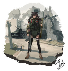  1other absurdres ak-74 aks-74 alternate_costume ammunition_pouch animal_ears ankle_boots arknights armored_personnel_carrier armored_vehicle artist_name assault_rifle bandaged_arm bandages bear_ears black_hair black_thighhighs blue_eyes body_armor boots brown_footwear btr-80 building bullet_hole camouflage chinese_commentary closed_mouth combat_boots commentary dated day digital_camouflage emr_camouflage explosive female floating_hair folding_stock framed full_body gp-25 grass green_jacket grenade grenade_launcher grey_sky gun gun_sling highres holding holding_gun holding_weapon hood hood_down hooded_jacket jacket kalashnikov_rifle long_hair long_sleeves looking_at_viewer magazine_(weapon) military military_jacket military_vehicle missile motor_vehicle multicolored_hair outdoors planted pouch red_hair rifle road rocket_launcher rpg_(weapon) ruins russo-ukrainian_war sanpaku shadow signature sky smoke solo_focus standing straight-on streaked_hair street stuffed_animal stuffed_toy teddy_bear thighhighs town trigger_discipline tuziki_sang two-tone_hair underbarrel_grenade_launcher v-shaped_eyebrows walkie-talkie war weapon z_(russian_symbol) zima_(arknights) 