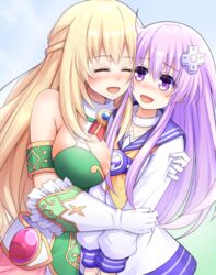  2girls bare_shoulders between_breasts blonde_hair blush breasts choujigen_game_neptune_mk2 clip_studio_paint_(medium) closed_eyes d-pad d-pad_hair_ornament doria_(p_f_dolia) gloves hair_ornament hug large_breasts long_hair multiple_girls nepgear neptune_(series) open_mouth purple_eyes purple_hair smile vert_(neptunia) very_long_hair yuri 