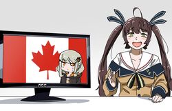  2girls ahoge anyan_(jooho) artificial_eye big_man_tyrone black_sclera brown_hair brown_shirt canada canadian_flag colored_sclera commentary flat_screen_tv girls&#039;_frontline gradient_background grey_background hair_ribbon highres jacket laughing long_hair looking_at_viewer m14_(girls&#039;_frontline) mechanical_eye meme mismatched_sclera monitor multiple_girls no_heterochromia open_mouth ribbon shirt sweatdrop symbol-only_commentary tac-50_(girls&#039;_frontline) teardrop tears television twintails white_background yellow_eyes 