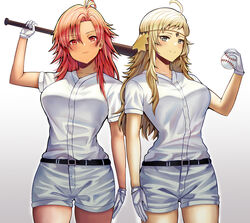  2girls absurdres ahoge alternate_costume baseball baseball_bat baseball_uniform belt blonde_hair breasts circlet commission commissioner_upload fire_emblem fire_emblem:_three_houses fire_emblem_fates gloves grey_eyes hapi_(fire_emblem) highres long_hair looking_at_viewer multiple_girls ophelia_(fire_emblem) red_eyes red_hair saikunartworks shorts smile sportswear 