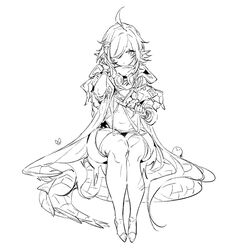  ahoge arknights bird bug butterfly chick chuzenji closed_mouth crocodilian_tail female flower goggles goggles_around_neck greyscale hair_flower hair_ornament hair_over_one_eye hood hood_down large_tail line_art long_hair monochrome navel pointy_ears simple_background sitting solo tail tomimi_(arknights) 