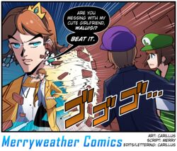  2boys artist_name blue_eyes breaking_through_wall broken_wall brown_hair carillus collaboration commentary crown earrings english_commentary english_text female flower_earrings genderswap_(ftm) genderswap_(mtf) green_headwear highres jacket jewelry jojo_no_kimyou_na_bouken luigi mario_(series) menacing_(jojo) merryweather multiple_boys open_mouth pants pose princess_daisy purple_headwear rule_63 shirt short_hair speech_bubble surprised wall waluigi white_shirt yellow_jacket yellow_pants 