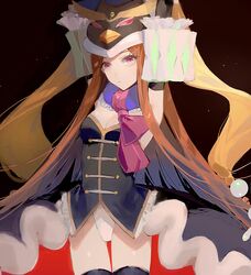  armband arms_up bad_id bad_twitter_id black_gloves black_skirt blue_neckwear brown_hair closed_mouth elbow_gloves female frilled_armband frills gloves hat highres leotard long_hair looking_at_viewer mawaru_penguindrum nima_(nimamann) penguin_hat pink_eyes pink_ribbon princess_of_the_crystal ribbon simple_background skirt solo white_leotard 