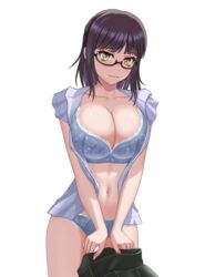  absurdres black_hair black_skirt blue_bra blue_panties blunt_bangs blush bra breasts cleavage collarbone commentary female frilled_skirt frills fujimiya_sumika_(isekai_ojisan) glasses highres holding isekai_ojisan kyouji44288608 lace-trimmed_bra lace-trimmed_panties lace_trim large_breasts legs_apart looking_at_viewer navel nostrils open_clothes open_shirt panties parted_bangs shirt simple_background skirt sleeveless sleeveless_shirt solo standing stomach underwear wavy_mouth white_background white_shirt yellow_eyes 