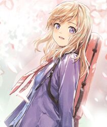  blonde_hair blue_eyes cherry_blossoms female instrument_case long_hair looking_at_viewer miyazono_kawori necktie petals piza_rokumai school_uniform shigatsu_wa_kimi_no_uso smile solo striped_necktie violin_case 