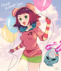  :d balloon blush cloud female fingerless_gloves gloves green_eyes green_shorts happy_birthday hood hoodie lyra_(mega_man) mega_man_(series) mega_man_star_force open_mouth purple_hair sakuraba_(cerisier_x) short_hair shorts smile solo sonia_strumm_(mega_man) 