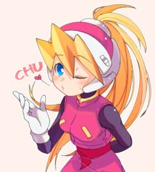  blonde_hair blowing_kiss blue_eyes blush breasts ciel_(mega_man) commentary female gloves hair_between_eyes headgear helmet high_ponytail long_hair looking_at_viewer mega_man_(series) mega_man_zero_(series) one_eye_closed ponytail sakuraba_(cerisier_x) simple_background small_breasts solo white_background white_gloves 