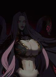  absurdres breasts bustier cleavage commentary dark_background ennuigrl fangs fate/grand_order fate_(series) female glowing glowing_eyes gorgon_(fate) hair_intakes highres huge_breasts large_breasts lipstick long_hair looking_at_viewer makeup medusa_(fate) midriff monster_girl navel parted_bangs parted_lips purple_eyes purple_hair purple_lips shadow slit_pupils snake snake_hair solo stomach teeth upper_body upper_teeth_only very_long_hair 