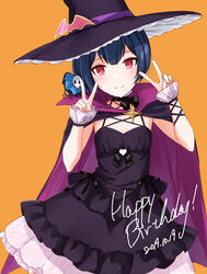  2019 alternate_costume birthday black_dress blue_hair blush commentary_request dated double_v dress female hair_ornament halloween_costume hat highres idolmaster idolmaster_shiny_colors looking_at_viewer morino_rinze orange_background red_eyes short_hair simple_background smile solo suke_(momijigari) v witch_hat 