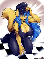  absurd_res amy_&quot;river&quot;_lewis_(lildredre) anthro big_breasts biker_cap bird_dog black_nose blue_hair boots bottomwear breasts canid canine canis cleavage clothed clothing curvy_figure digital_media_(artwork) domestic_dog erect_nipples female footwear fur gnaw golden_retriever hair hat headgear headwear hi_res hunting_dog leather leather_hat leather_headgear leather_headwear long_hair looking_at_viewer mammal nipple_outline nipples one_eye_closed pants retriever simple_background smile solo tattoo topwear voluptuous wide_hips wink 