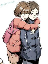  2girls backpack bag brown_eyes brown_hair coat crying glasses hands_in_pockets hug hug_from_behind jacket multiple_girls piza_rokumai short_hair sora_yori_mo_tooi_basho takahashi_megumi tamaki_mari tears upper_body white_background winter_clothes 