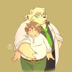  1:1 2021 anthro baku_hosamo bear belly bottomwear clothing duo eyewear glasses human kemono leib_(tas) lifewonders male mammal necktie overweight overweight_human overweight_male pants polar_bear protagonist_(tas) shirt simple_background smoking tokyo_afterschool_summoners topwear ursine 