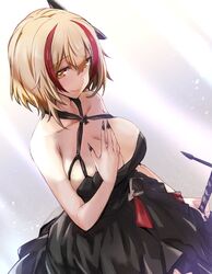  azur_lane bare_shoulders black_dress black_nails blonde_hair breasts brown_eyes cleavage closed_mouth collarbone commentary_request dress female hair_between_eyes hair_ornament halterneck hand_on_own_chest holding holding_sword holding_weapon large_breasts lefthand looking_at_viewer multicolored_hair official_alternate_costume red_hair roon_(azur_lane) roon_(dark_red_grin)_(azur_lane) short_hair smile solo streaked_hair sword weapon 