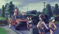  6+girls absurdres aiming ak-47 animal_hat armored_personnel_carrier armored_vehicle assault_rifle backpack bag black_eyes blonde_hair blue_hair blush bolt_action brown_hair cigarette cloud cloudy_sky commentary crate denim denim_skirt earbuds earphones explosive fence fingerless_gloves foregrip garter_straps glasses gloves green_eyes green_hair grenade gun hair_ornament hairclip handgun hat helmet highres holding holster hood hoodie house jersey_barrier kalashnikov_rifle knee_pads load_bearing_vest long_hair looking_at_another looking_back looking_to_the_side m4_carbine map military military_vehicle motor_vehicle mouth_hold multiple_girls on_vehicle open_mouth opening_door original outdoors photoshop_(medium) pickup_truck pink_eyes pointing ponytail pouch power_lines purple_hair rifle road road_sign roadblock school_uniform scope serafuku short_hair shorts sign sitting skirt skirt_grab skirt_tug sky smoking suppressor surprised symbol-only_commentary tactical_clothes thigh_holster thigh_pouch thighhighs tree truck utility_pole weapon weapon_request white_hair white_legwear zhongye_yu 