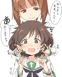  2girls ^^^ akiyama_yukari bad_id bad_pixiv_id black_neckerchief blush bright_pupils brown_eyes brown_hair clenched_hands closed_mouth commentary_request embarrassed furrowed_brow girls_und_panzer green_sailor_collar half-closed_eyes hand_in_another&#039;s_hair hands_up head_down ixy light_brown_hair long_sleeves looking_at_another looking_at_viewer looking_down messy_hair motion_lines multiple_girls neckerchief nishizumi_miho ooarai_school_uniform open_mouth playing_with_another&#039;s_ears sailor_collar school_uniform serafuku short_hair simple_background sleeve_cuffs smile sound_effects speech_bubble sweat tareme tearing_up translated trembling uncommon_stimulation wavy_hair wavy_mouth white_background white_pupils yuri 