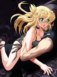  1boy bikini black_pants black_ribbon black_shirt blonde_hair breasts choker cleavage collarbone cowgirl_position demonbane female floating_hair game_cg glasses green_eyes grey_bikini highres large_breasts leica_(demonbane) long_hair nishii_(damnedrive) open_mouth pants ribbon ribbon_choker semi-rimless_eyewear shirt side-tie_bikini_bottom sleeveless sleeveless_shirt straight swimsuit under-rim_eyewear 