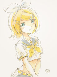  belt black_sailor_collar black_shorts blonde_hair blue_eyes bow commentary crop_top epoxy_putty female hair_ornament hairbow hairclip kagamine_rin looking_at_viewer midriff navel neckerchief painting_(medium) parted_lips sailor_collar school_uniform shirt short_hair short_sleeves shorts smile solo swept_bangs traditional_media upper_body vocaloid watercolor_(medium) white_background white_bow white_shirt yellow_neckerchief 