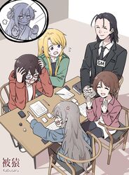  1boy 5girls anger_vein antenna_hair black_hair blonde_hair brown_hair chair commentary glasses grey_hair heterochromia highres kamikoshi_sorawo korean_commentary kozakura_(urasekai_picnic) kumaman migiwa_youichirou multiple_girls nishina_toriko paper seto_akari sitting stitched_mouth stitches table tabletop_rpg urasekai_picnic urumi_luna 