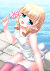  bare_arms bare_shoulders blonde_hair breasts brown_thighhighs candy collarbone commentary_request covered_nipples female food fur-trimmed_legwear fur-trimmed_swimsuit fur_trim hand_up highres holding holding_candy holding_food holding_lollipop iris_mysteria! kaze_makase lollipop old_school_swimsuit one-piece_swimsuit pointy_ears revision school_swimsuit short_eyebrows sitting small_breasts solo sparkle swimsuit tail thick_eyebrows thighhighs water white_one-piece_swimsuit 