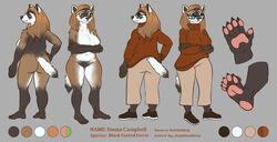  absurd_res anthro big_breasts black-footed_ferret bottomwear breasts brown_hair claws clothed clothing crossed_arms digital_media_(artwork) domestic_ferret emma_campbell english_text eyewear fapchop featureless_breasts featureless_crotch female footwear front_view fur glasses green_eyes hair hands_on_hips hi_res long_hair mammal multicolored_body multicolored_fur mustelid musteline pants pawpads paws rear_view shoes simple_background slightly_chubby slightly_chubby_female smile solo sweater text topwear true_musteline weasel wide_hips 