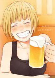  ^_^ alcohol arm_support beer beer_mug black_tank_top blonde_hair blush breasts cleavage closed_eyes collarbone commentary_request cup english_text facing_viewer female grin haikyuu!! happy_birthday holding holding_cup indoors large_breasts laugh_111 mug short_hair smile solo table tanaka_saeko_(haikyuu!!) tank_top teeth 