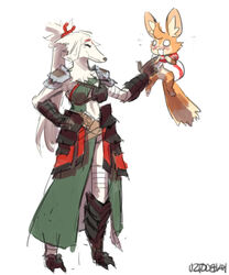  5:6 accessory anthro armor armored_boots belt black_clothing black_nose blush bodily_fluids breasts canid canine canis cloak closed_eyes clothing cygames digital_media_(artwork) domestic_dog duo eyebrows female floating flustered fur gauntlets gesture gloves green_clothing hair hair_accessory hair_tie hand_gesture handwear head_markings helga_(world_flipper) hi_res inner_ear_fluff kaibootsu kemono lagomorph larger_female leporid light_(world_flipper) long_snout looking_at_another male mammal markings midriff multicolored_tail no_pupils orange_body orange_fur orange_hair pointing ponytail rabbit red_clothing red_eyebrows shoulder_guards simple_background size_difference smaller_male smile snout sweat sweatdrop tail tuft watermark white_background white_body white_clothing white_fur white_hair world_flipper wrappings 