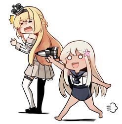  2girls :d =_= ^^^ arm_up bad_id bad_twitter_id black_footwear blonde_hair blush braid breasts chibi crop_top crown dress flower hair_flower hair_ornament half_up_braid highres ido_(teketeke) kantai_collection long_hair long_sleeves looking_at_another mary_janes mini_crown multiple_girls off-shoulder_dress off_shoulder one-piece_swimsuit one-piece_tan open_mouth ro-500_(kancolle) sailor_collar school_swimsuit shoes sidelocks simple_background smile swimsuit swimsuit_under_clothes tan tanlines thighhighs v-2_rocket warspite_(kancolle) wavy_mouth white_background white_dress white_hair 