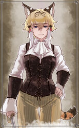  alternate_costume animal_ears arm_at_side ascot blonde_hair blue_eyes bracer breasts brown_hair cat_girl center_frills closed_mouth collared_shirt colored_inner_hair commentary corset female fingernails frills hair_between_eyes half-closed_eyes hand_on_own_hip highres holding holding_sword holding_weapon kemono_friends light_smile long_sleeves looking_at_viewer medium_breasts multicolored_hair pants saber_(weapon) shirt sleeves_past_wrists smilodon_(kemono_friends) solo sword tail toriny weapon white_hair 