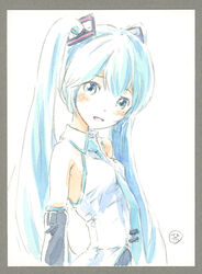  aqua_eyes aqua_hair aqua_necktie bare_shoulders black_skirt black_sleeves breasts commentary detached_sleeves epoxy_putty female from_side hair_ornament hatsune_miku head_tilt light_blush long_hair looking_at_viewer necktie open_mouth painting_(medium) shirt skirt sleeveless sleeveless_shirt small_breasts smile solo standing traditional_media twintails upper_body very_long_hair vocaloid watercolor_(medium) white_shirt 