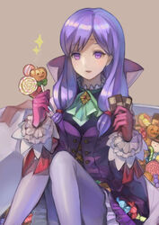  buttons candy dress female fire_emblem fire_emblem:_path_of_radiance fire_emblem_heroes food gloves halloween halloween_costume highres holding ilyana_(fire_emblem) ilyana_(halloween)_(fire_emblem) long_hair long_sleeves mai_yukari open_mouth pantyhose pink_gloves purple_eyes purple_hair short_dress simple_background sitting solo white_pantyhose 