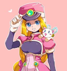  android animal_on_shoulder blonde_hair blue_eyes breasts cat_on_shoulder commentary feline female gloves hat heart long_hair looking_at_viewer mega_man_(series) mega_man_zx pink_background prairie_(mega_man) puffy_sleeves sakuraba_(cerisier_x) shako_cap simple_background smile solo white_cat 