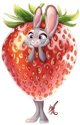  2022 anthro clothing costume disney female food food_costume fruit hand_on_cheek hi_res judy_hopps lagomorph leporid mammal plant purple_eyes rabbit signature simple_background solo standing strawberry strawberry_costume thewinterbunny white_background zootopia 