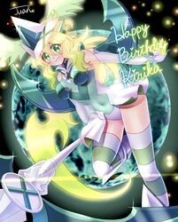  absurdres akatsuki_kirika blonde_hair blush breasts covered_navel dated female glowing glowing_hair gradient_hair green_eyes green_hair green_leotard happy_birthday highres juan_0121 leotard long_hair looking_at_viewer medium_breasts multicolored_hair parted_lips scythe senki_zesshou_symphogear smile solo striped_clothes striped_thighhighs teeth thighhighs x-drive_(symphogear) 