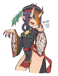  absurdres bangs black_dress blush braid breasts china_dress chinese_clothes cleavage_cutout dress eyeliner fangs fate/grand_order fate_(series) female fingernails hair_rings hat heroic_spirit_festival_outfit highres horns jiangshi kurisustinah long_fingernails long_sleeves looking_at_viewer makeup ofuda oni oni_horns open_mouth outstretched_arms peacock_feathers pelvic_curtain pointy_ears purple_eyes purple_hair qing_guanmao sash sharp_fingernails short_eyebrows short_hair shuten_douji_(fate/grand_order) side_slit simple_background skin-covered_horns small_breasts smile solo thighs white_background wide_sleeves zombie_pose 