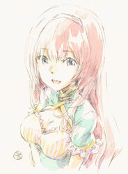  aqua_dress blue_eyes breasts commentary dress epoxy_putty female framed_breasts frilled_sleeves frills gold_trim long_hair looking_at_viewer medium_breasts megurine_luka open_mouth painting_(medium) pink_hair smile solo straight_hair traditional_media upper_body vocaloid watercolor_(medium) white_background 