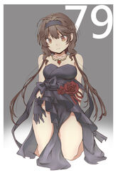  alternate_costume alternate_hairstyle arm_behind_back bare_shoulders black_bow black_dress black_gloves blue_bow blue_dress bow breasts brown_eyes brown_hair buffetfc character_name closed_eyes closed_mouth collarbone commentary_request dress female flower gem girls&#039;_frontline gloves gold_necklace gradient_background grey_background hair_up hairband hand_on_thigh highres jewelry kneeling knees long_hair looking_down necklace official_alternate_costume red_ribbon ribbon rose small_breasts solo strapless strapless_dress thighs type_79_(fox_steps_under_star_night)_(girls&#039;_frontline) type_79_(girls&#039;_frontline) very_long_hair 