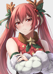  bare_shoulders blush christmas commentary detached_sleeves fake_antlers female fire_emblem fire_emblem_fates fire_emblem_heroes grey_background hair_between_eyes long_hair long_sleeves looking_at_viewer official_alternate_costume red_eyes red_hair selena_(fire_emblem_fates) selena_(winter)_(fire_emblem_fates) simple_background solo star_(symbol) ten_(tenchan_man) twintails upper_body very_long_hair 