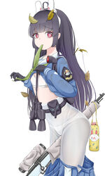  absurdres ahoge binoculars black_gloves black_hair blue_archive blue_shirt blue_skirt bolt_action clothes_lift dirty dirty_clothes female flashlight footprints gloves gun hairband halo highres holding holding_gun holding_weapon leaf leaf_on_head lifting_own_clothes long_hair long_sleeves looking_at_viewer miyu_(blue_archive) panties panties_under_pantyhose pantyhose pleated_skirt red_eyes rifle shirt shoe_print skate1014 skirt skirt_lift solo underwear weapon white_hairband white_panties white_pantyhose 