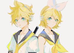  1boy bass_clef blonde_hair blue_eyes bow commentary female hair_ornament hairbow hairclip headphones headset highres kagamine_len kagamine_rin looking_at_viewer musical_note necktie nima_(nimamann) parted_lips ponytail ribbon sailor_collar short_hair short_sleeves simple_background sleeveless upper_body vocaloid white_background white_bow yellow_ribbon 