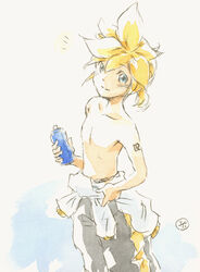  1boy ^^^ black_shorts blonde_hair blue_eyes bottle closed_mouth clothes_around_waist collarbone commentary epoxy_putty feet_out_of_frame from_above hand_on_own_hip holding holding_bottle kagamine_len looking_at_viewer looking_up male_focus no_nipples painting_(medium) pectorals shirt shirt_around_waist short_ponytail shorts shoulder_tattoo smile solo spiked_hair standing stomach tattoo topless_male traditional_media vocaloid water_bottle watercolor_(medium) white_shirt 