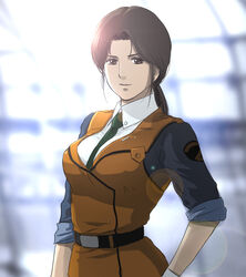  bad_link belt breasts brown_eyes brown_hair female gloves kidou_keisatsu_patlabor large_breasts mizuhara_aki nagumo_shinobu necktie police police_uniform policewoman ponytail sleeves_rolled_up solo uniform upper_body vest white_gloves 