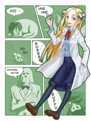  animal_head artist_request blonde_hair bolt_(hardware) english_text female fragon franken_fran howl_(franken_fran) human_head lab_coat long_hair madaraki_fran okita_(franken_fran) pantyhose stitches syringe yellow_eyes 