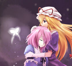  2girls bad_link blonde_hair bug butterfly closed_eyes couple gloves hand_on_another&#039;s_head hug kiji_(manekinuko-tei) long_hair multiple_girls pink_hair purple_eyes saigyouji_yuyuko sleeping touhou yakumo_yukari yuri 