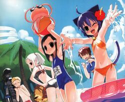  2boys 3girls ahoge albino animal_ears armpits ball beachball bell bikini black_hair blue_hair cat_ears day green_eyes highres humanoid_robot innertube jellyfish kyouran_kazoku_nikki lion midarezaki_chika midarezaki_gekka midarezaki_ginka midarezaki_hyouka midarezaki_kyouka midarezaki_ouka midarezaki_teika midarezaki_yuuka multiple_boys multiple_girls name_tag one-piece_swimsuit one_eye_closed ponytail red_eyes robot school_swimsuit side-tie_bikini_bottom splashing sunglasses swim_ring swimsuit water white_hair x6suke 