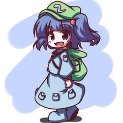  backpack bag blue_eyes blue_hair commentary_request female fictional_sister hair_bobbles hair_ornament hat kawashiro_nitori solo touhou two_side_up 